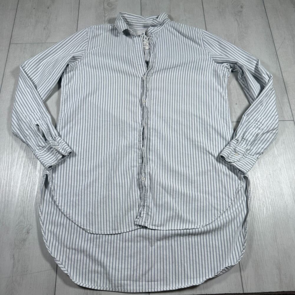 Frank & Eileen Grayson Striped Button Up Shirt Women L Blue White Italian Cotton